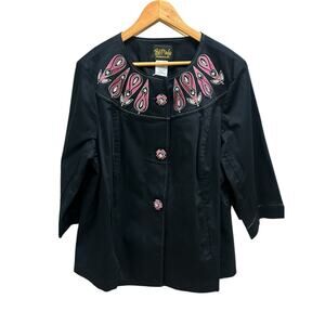 Bob Mackie Wearable Art Jacket 1X Black Pink‎ Sparkle 3/4 Sleeve Open Front Glam